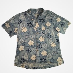 Batik Bay Mens Silk Rayon Hawaiian Shirt Blue Hibiscus Palm Tree Tropical L